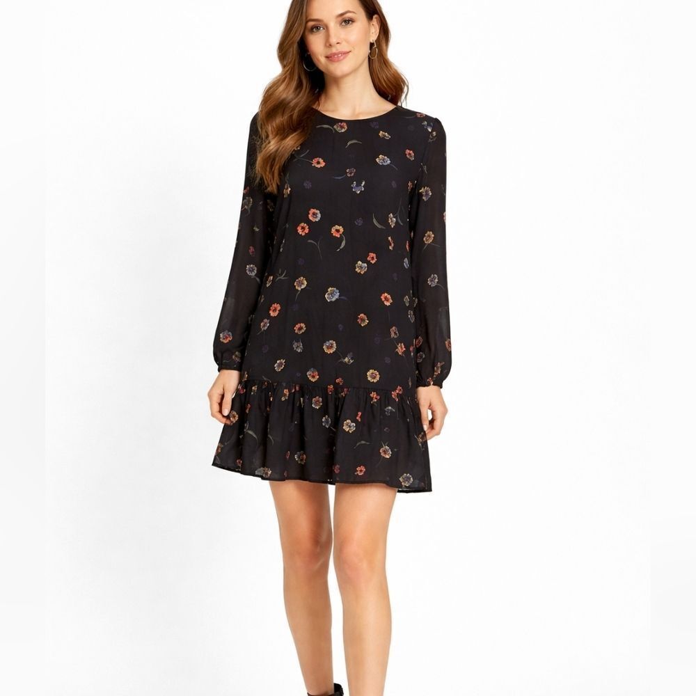 Lila Rose Black Floral Long Sleeve Ruffle Hem Midi Dress Size 6